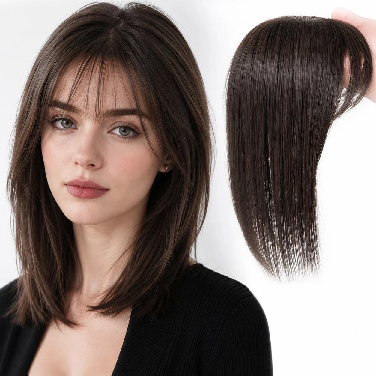 Silk Base Human Hair Topper Black Natural Color Breathable Human Hair Toppers with Bangs Clips in Toupee for Women Thinning Hair
