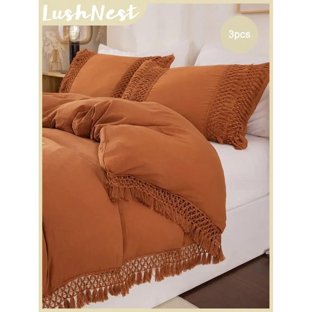 Set di biancheria da letto con frange PiecesBoho, tessuto in microfibra morbido e traspirante, include 1 copripiumino e 2 federe, colore arancione bruciato