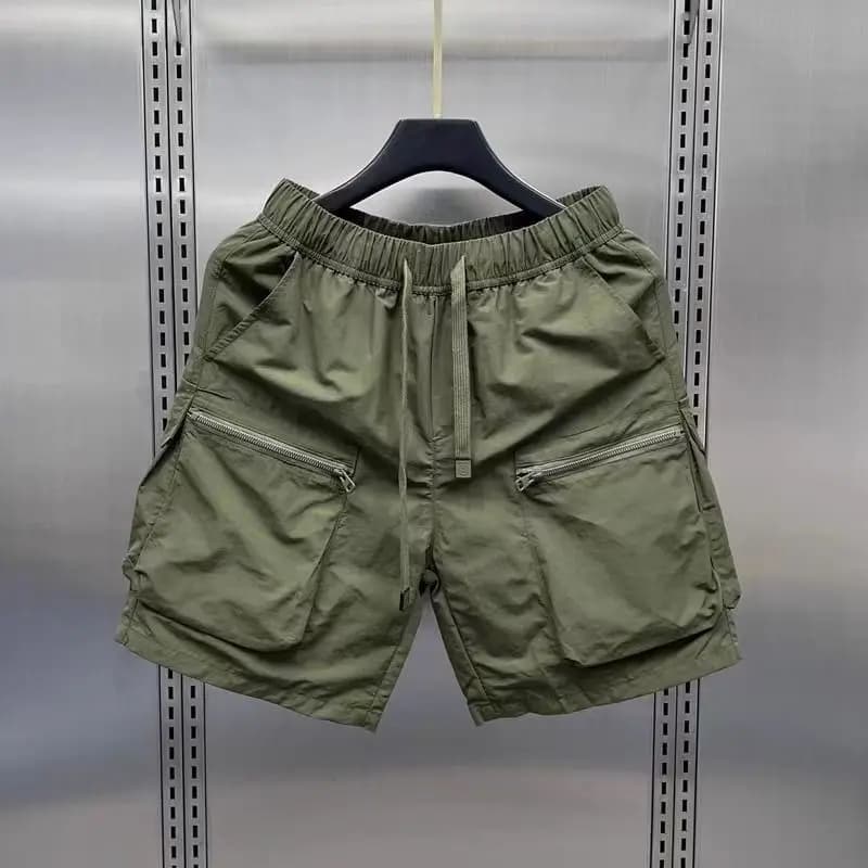 2025 summer thin zipper loose casual breathable workwear shorts men's quick drying outdoor pocket five quarter pants