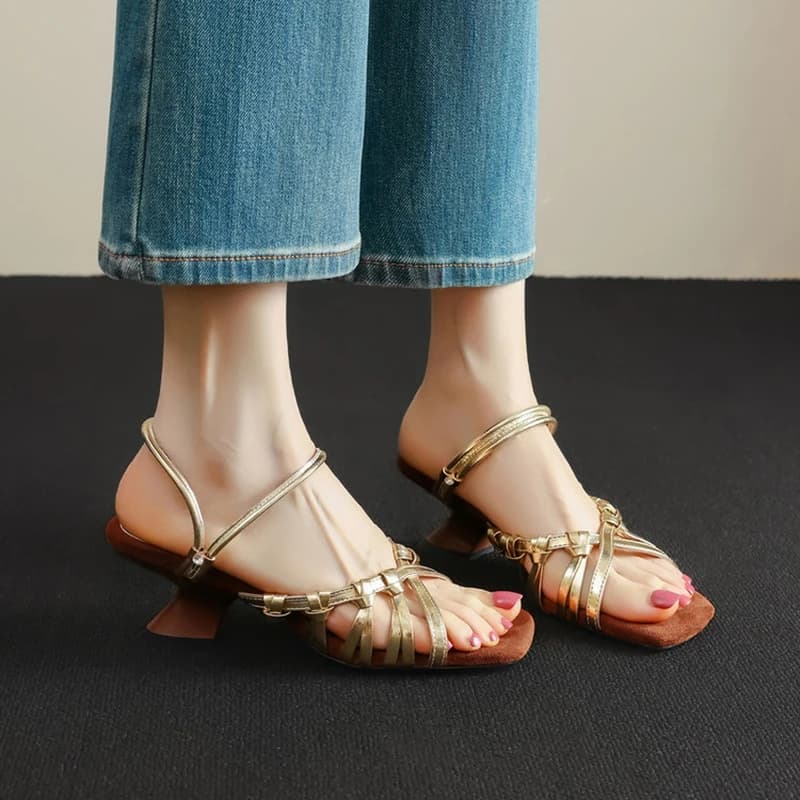 NEW Summer Women Shoes Split Leather Sandals for Women Square Toe Strange Heel Shoes Narrow Band Weave Sandals Modern Slippers