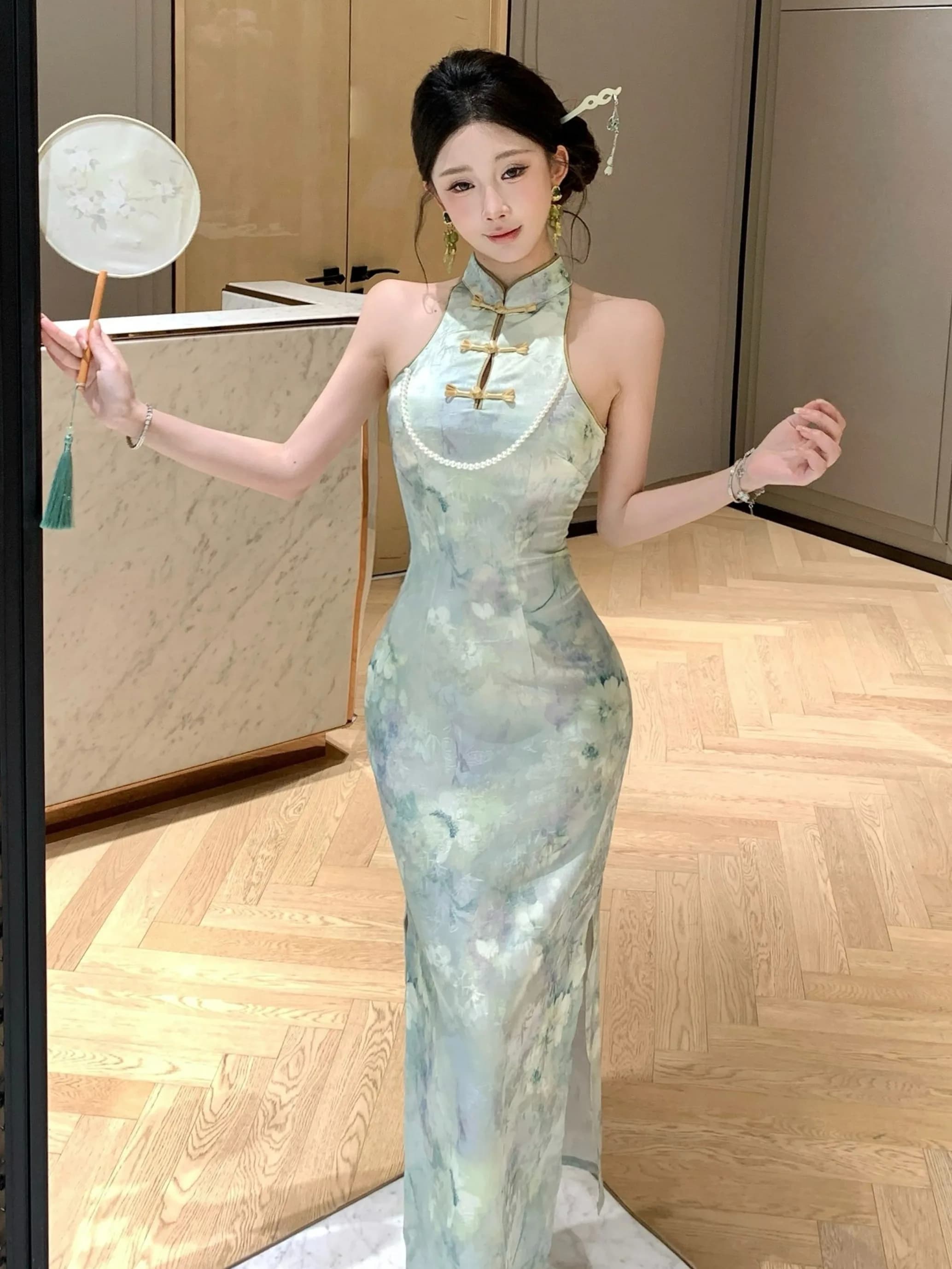 New Chinese Style Vintage Sleeveless Long Dress Summer Design Slimming Waist High Slit Bodycon Skirt Breathable Floral Pattern