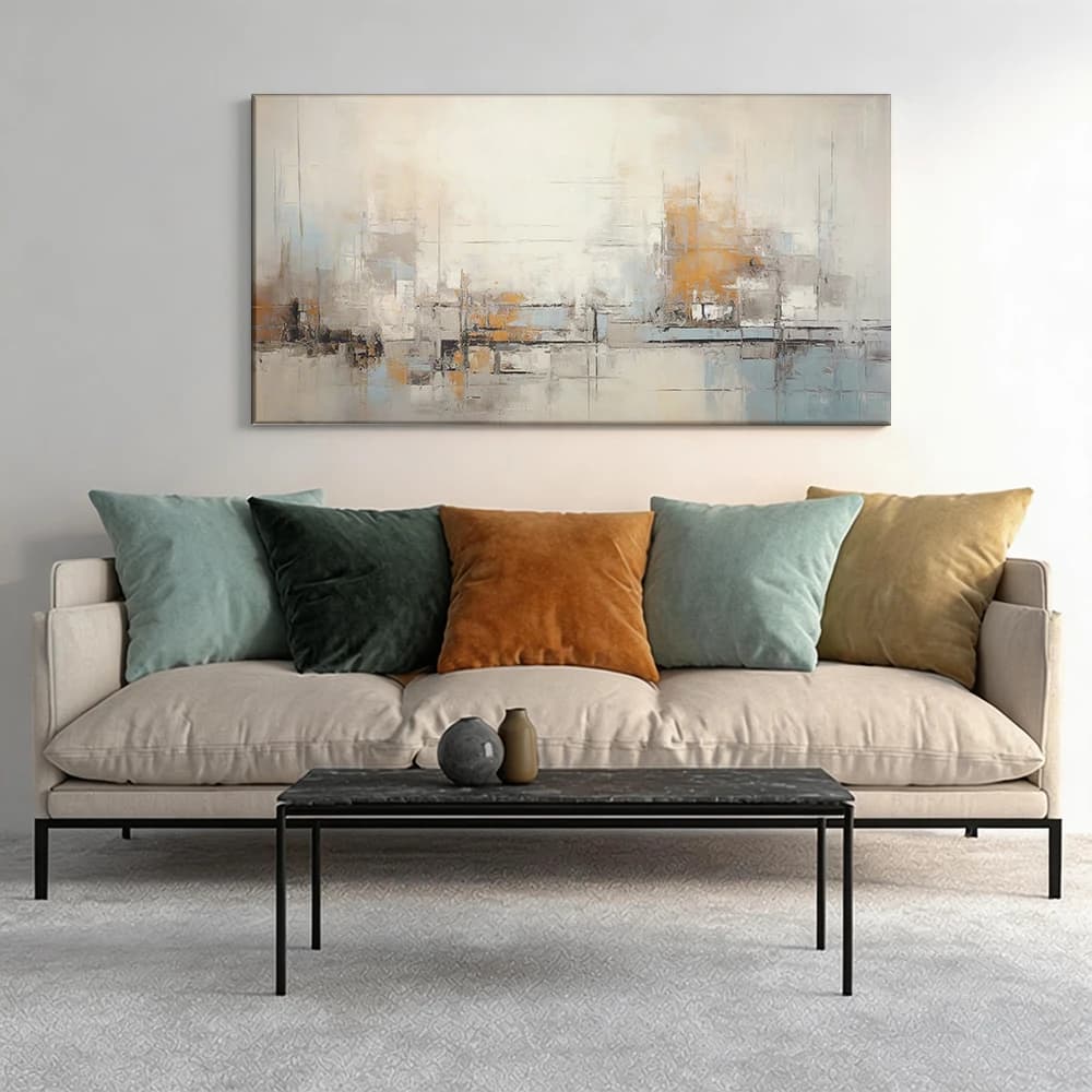 Painted on canvas with large wooden frame, 1 piece, abstract oil painting, delicate tones.