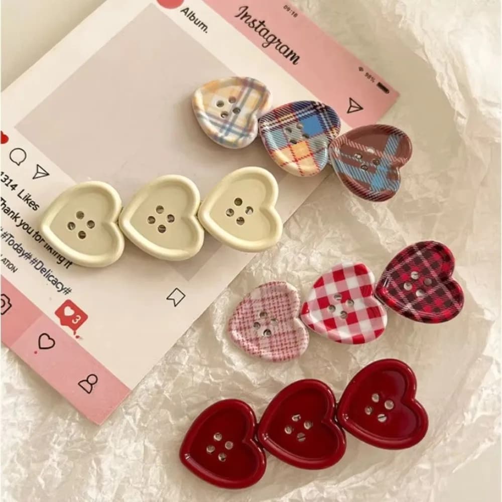 2/8pcs Sweet Check Love Button Hair Clip Side Bangs Girly Cute Duckbill Clip Hair Accessories for Girls Headdress Daily Use
