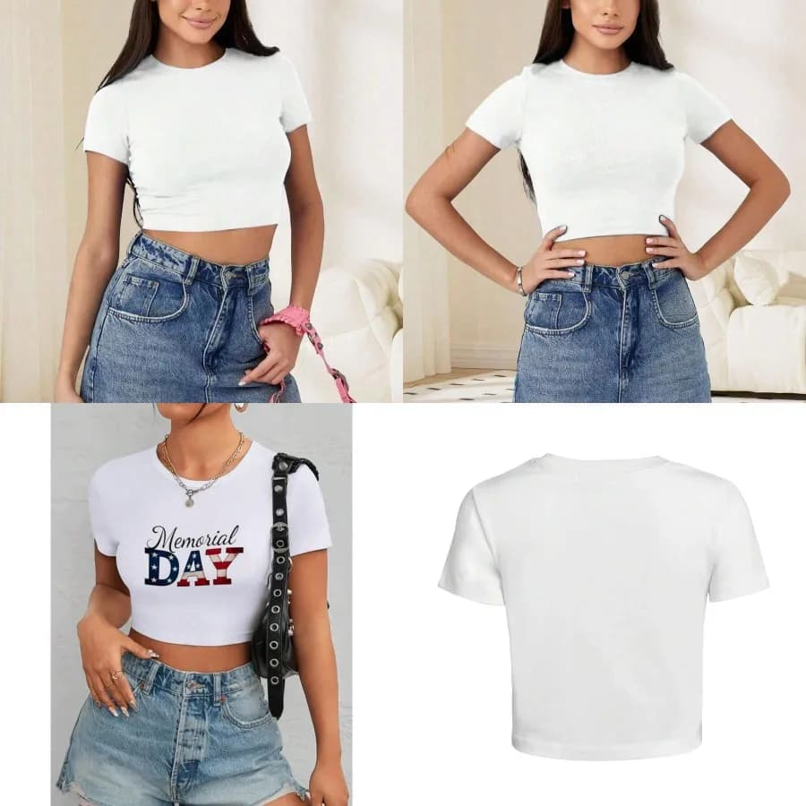 【New style】1pc Memorial Day Stars and Stripes Women's Cropped T-Shirt - Patriotic American Flag Print 100% Polyester Stretchy S