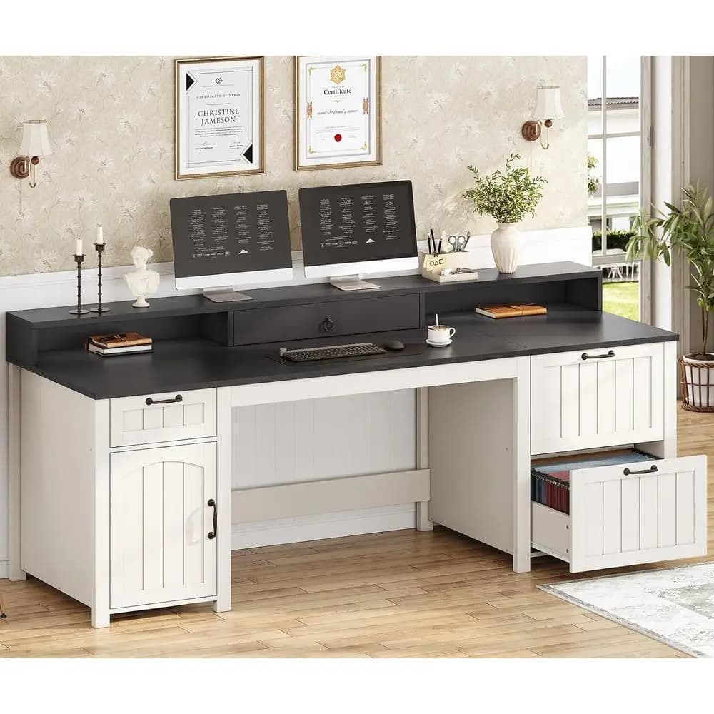 63 Modern Executive Desk with Drawer and Monitor Stand, Home Office Desk with Storage Cabinet, White