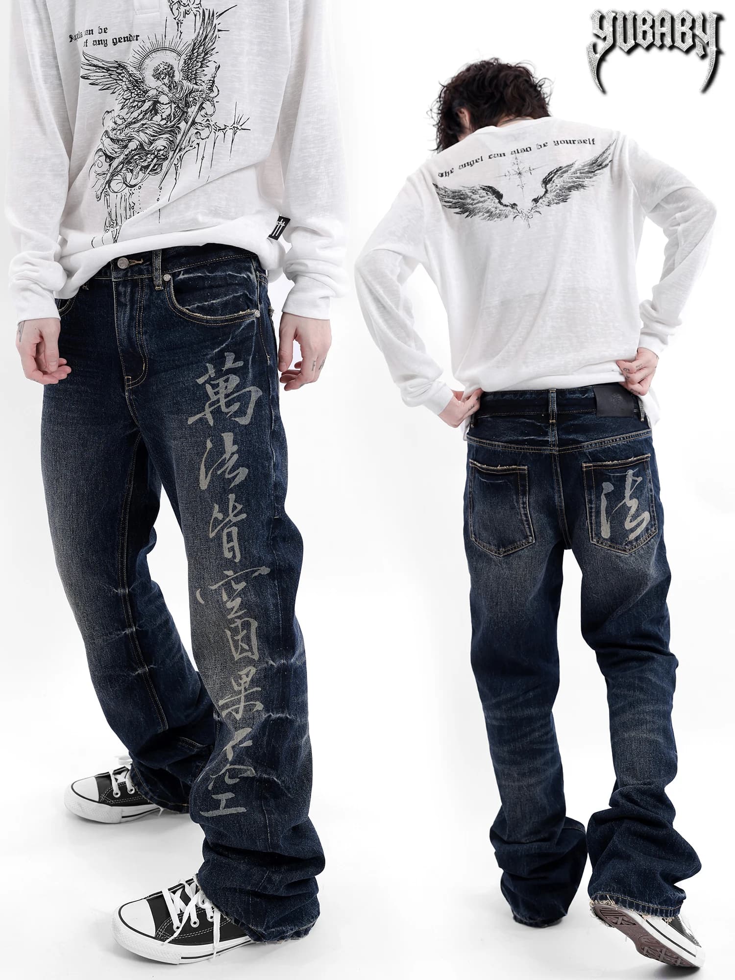 Handwritten Calligraphy Slimming Jeans Street Style Casual Straight Leg Trousers for Men And Women mid Waist Cotton Denim