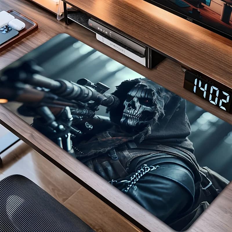 Tappetino per mouse da gioco grande Grim Reaper con cappuccio Teschio Sniper Stealth Design Tappetino da scrivania con base in gomma antiscivolo per PC da ufficio Horror Esports