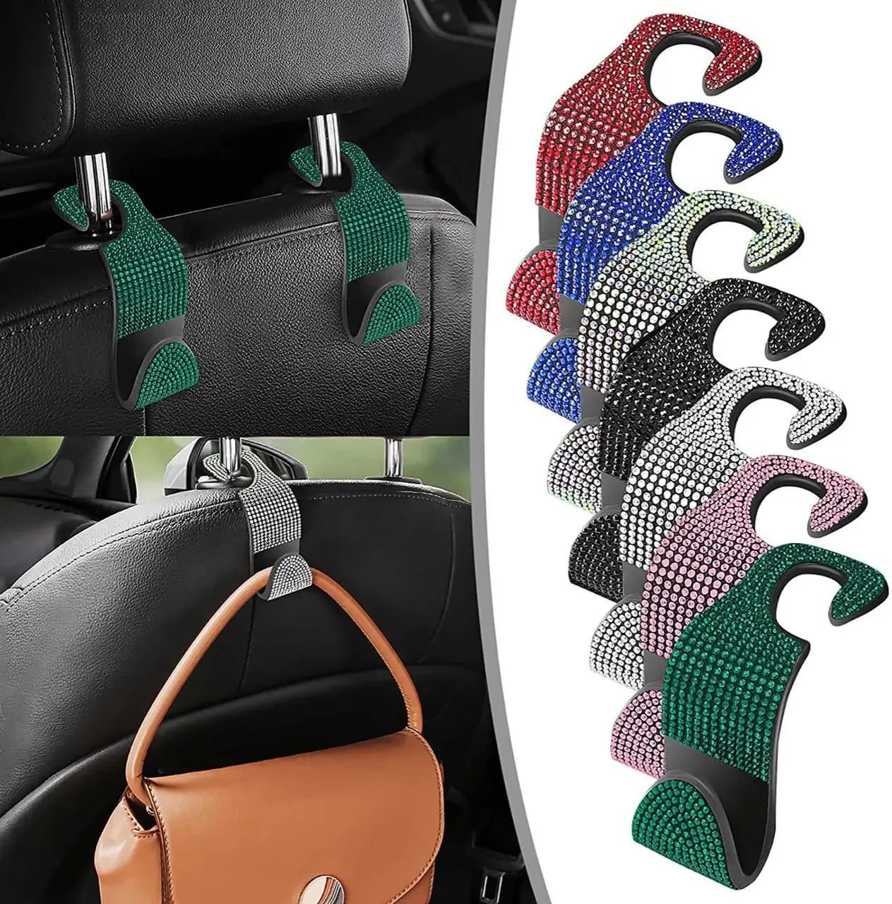Multifunzione portatile con strass per seggiolino auto, gancio per schienale, poggiatesta, portaoggetti, borsa appesa, organizer, accessori interni auto