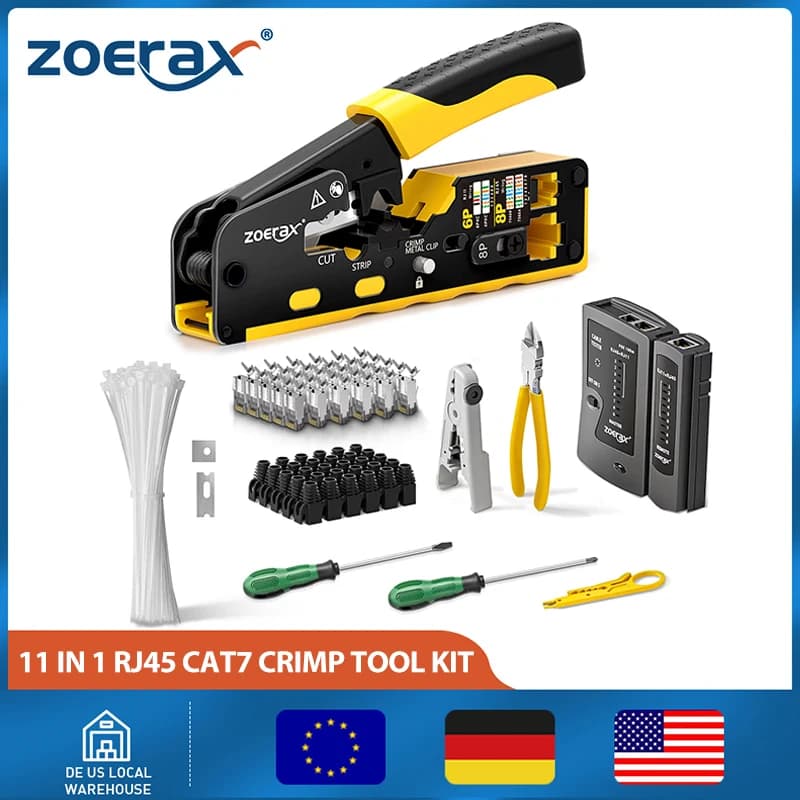 ZoeRax 11 in 1 RJ45 Cat7 Cat6A Crimping Toolkit, Cable Tester, Cutters, Blades Cat7 Connectors and Boots Cable Grips Screwdriver