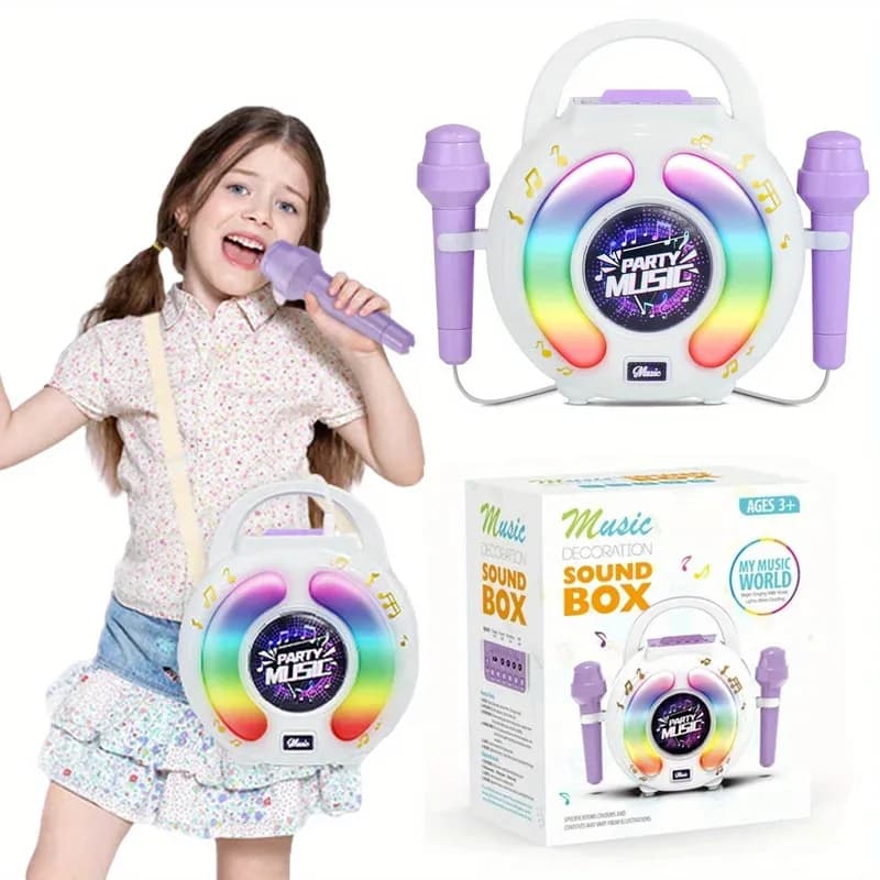 Kids Karaoke Machine - Portable Round Bluetooth Speaker With 2 Microphones, LED Lights, Voice Changer, And Recording Function -