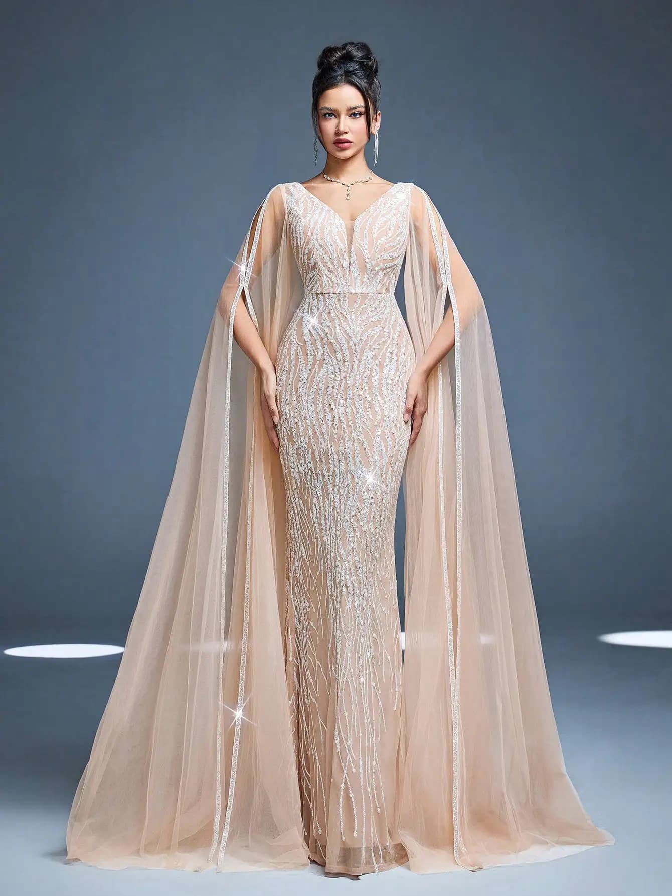 MgiacyV Mesh Net Sleeveless Double-layer Super-long Sleeve Form-fitting Beaded Slit Fish-tail Long Dress