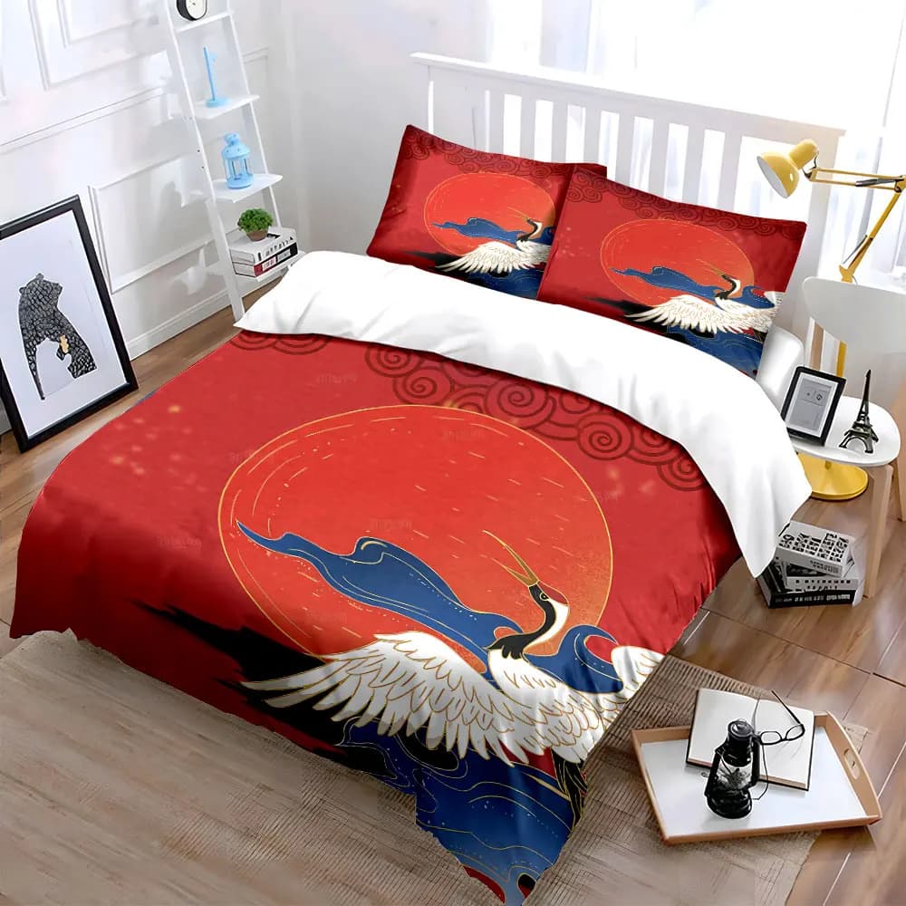 Set di biancheria da letto delicata e delicata sulla pelle "Oriental Crane Art Decor Set" include 1 copripiumino e 2 federe, regalo
