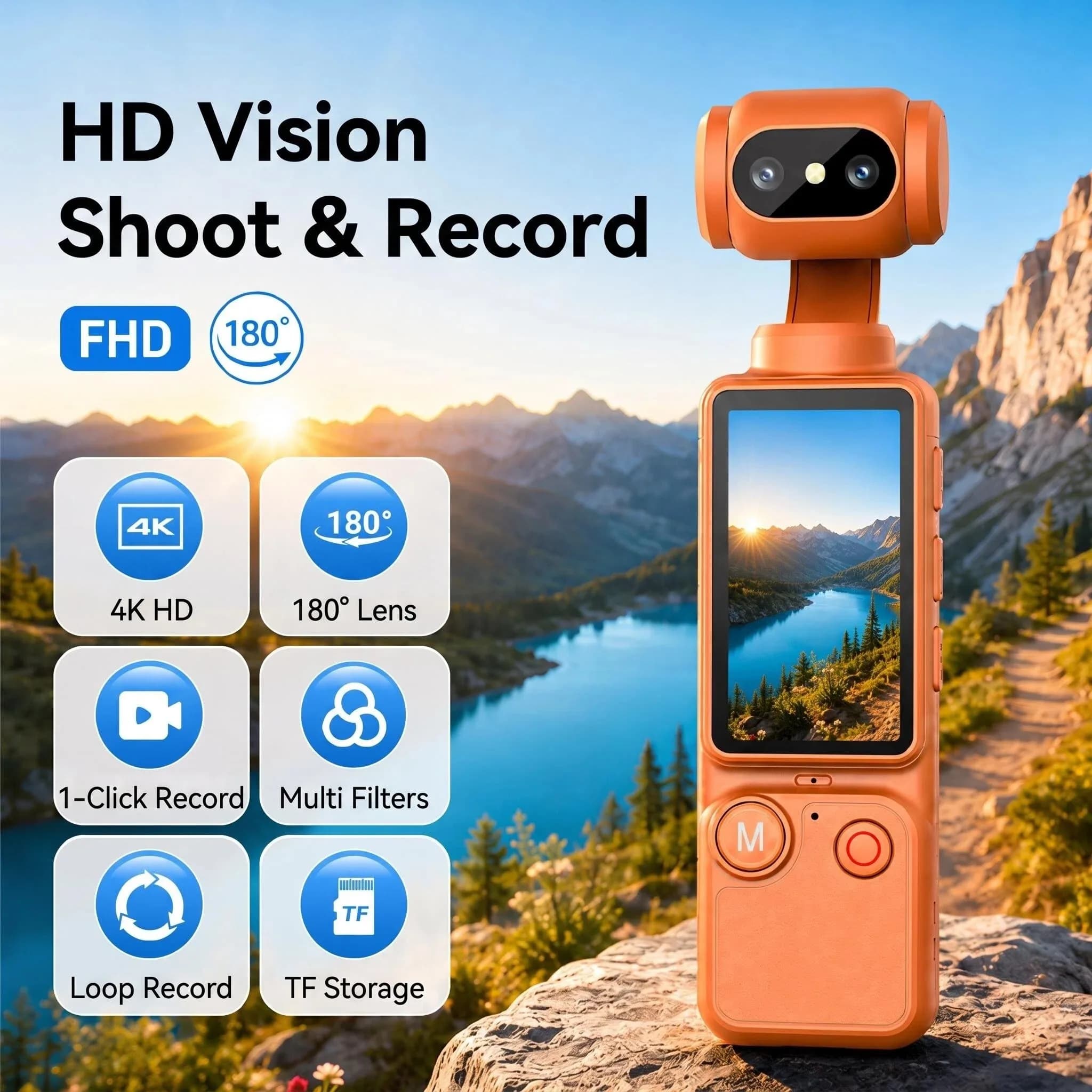4K Action Camera 330° Auto-rotate Len Pocket Camera 1.9" Touchscreen Zoom Sport Cam Portable Vlog Video Recorder Cycling
