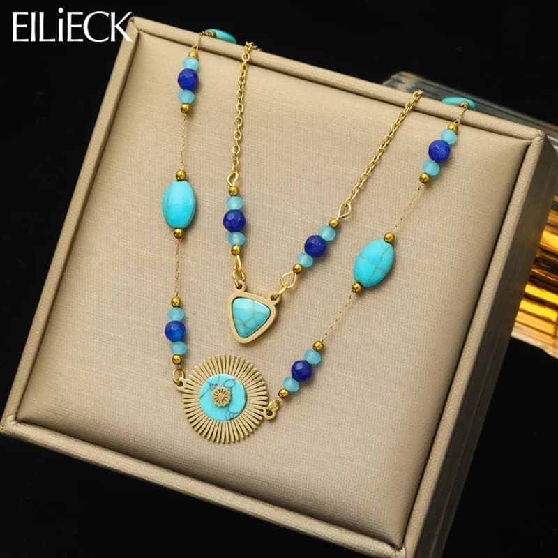 Collana con ciondolo in pietra blu boemia in acciaio inossidabile 316L EILIECK per donna ragazza nuove catene Vintage 2 in1 regalo di gioielli impermeabili