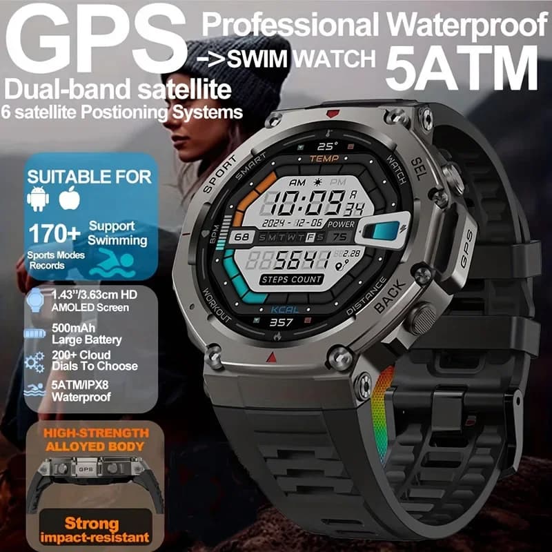New SmartwatchDouble Band GPS Smart Military Watch 1.43 inch 10ATM Water Resistant 500mAh Battery Compass GPS altimeter Smart Watch
