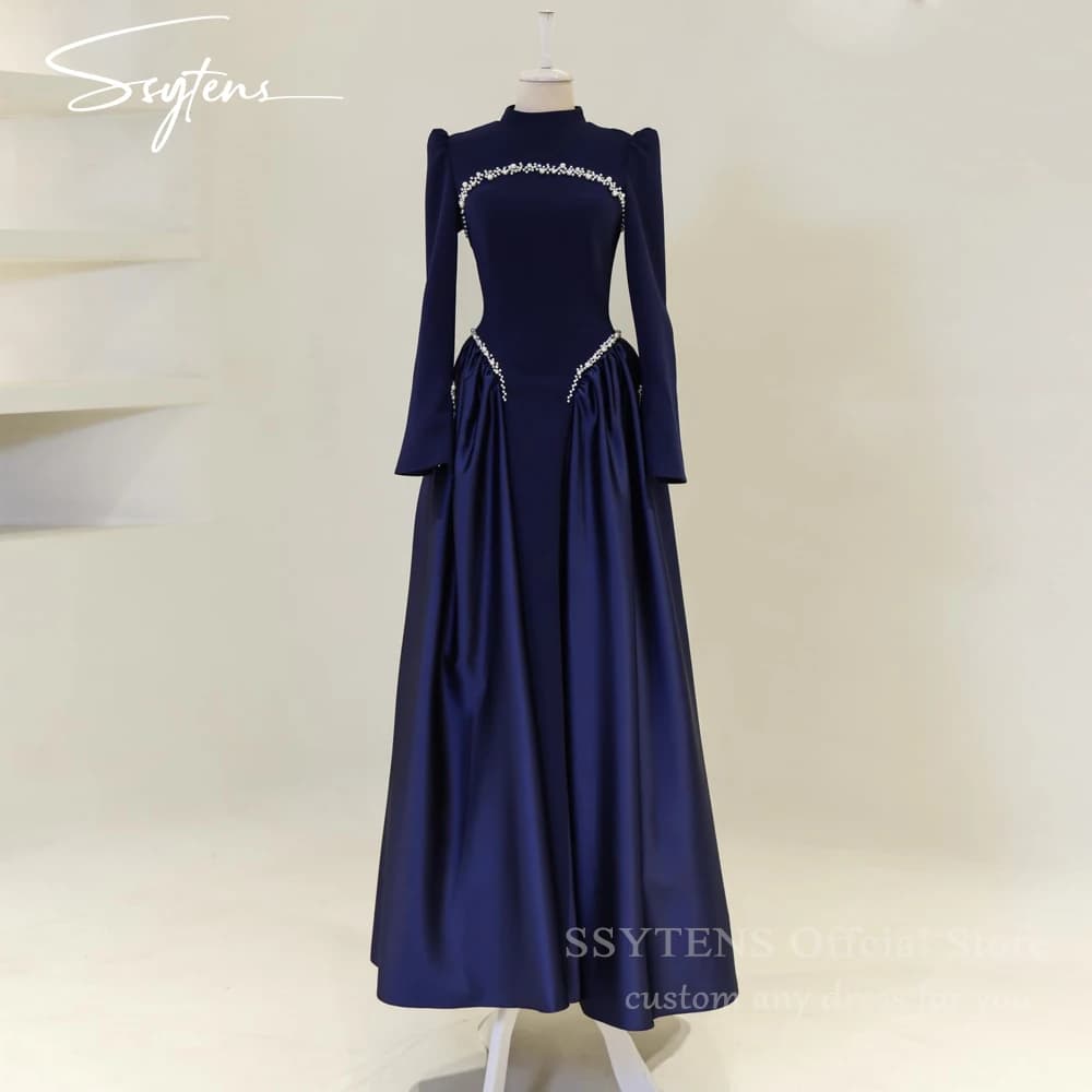 SSYTENS Blue Elegant Prom Dresses High-Neck Long Sleeves A Line Evening Dresses Beads Satin Muslim Formal Gowns Dubai Customized