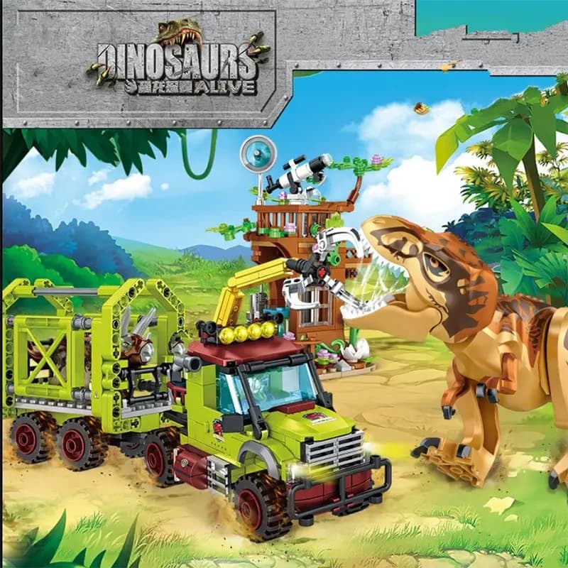 Jurassic FC3738 Tyrannosaurus Rex Triceratops Set di blocchi di salvataggio - Giocattolo di assemblaggio di dinosauri per bambini per giochi educativi