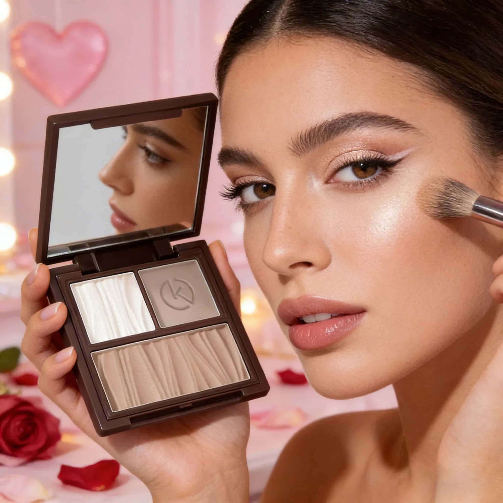 Set Regalo Trucco per San Valentino, Palette Contouring, Illuminante, Bronzer, Blush, Kit 3-in-1 per Scolpire il Viso, Polvere Naturale Opaca per Donne