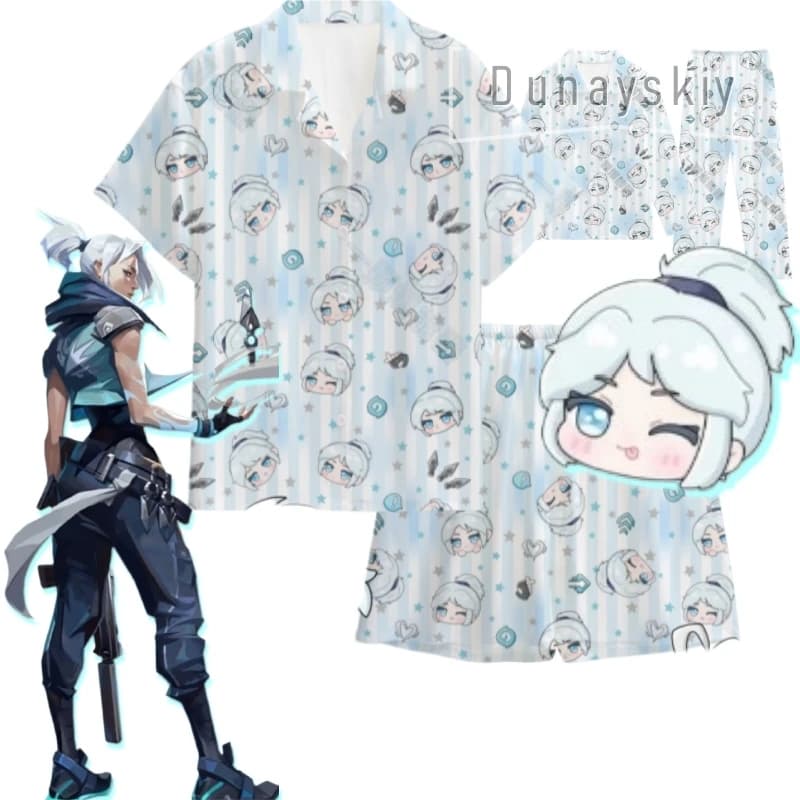 Valorante Jett Pajama Set Cosplay Game Kawaii Wink Jett Head Print Chibi Print Cotton Halloween Daily Comfort Game Outfit Cartoo