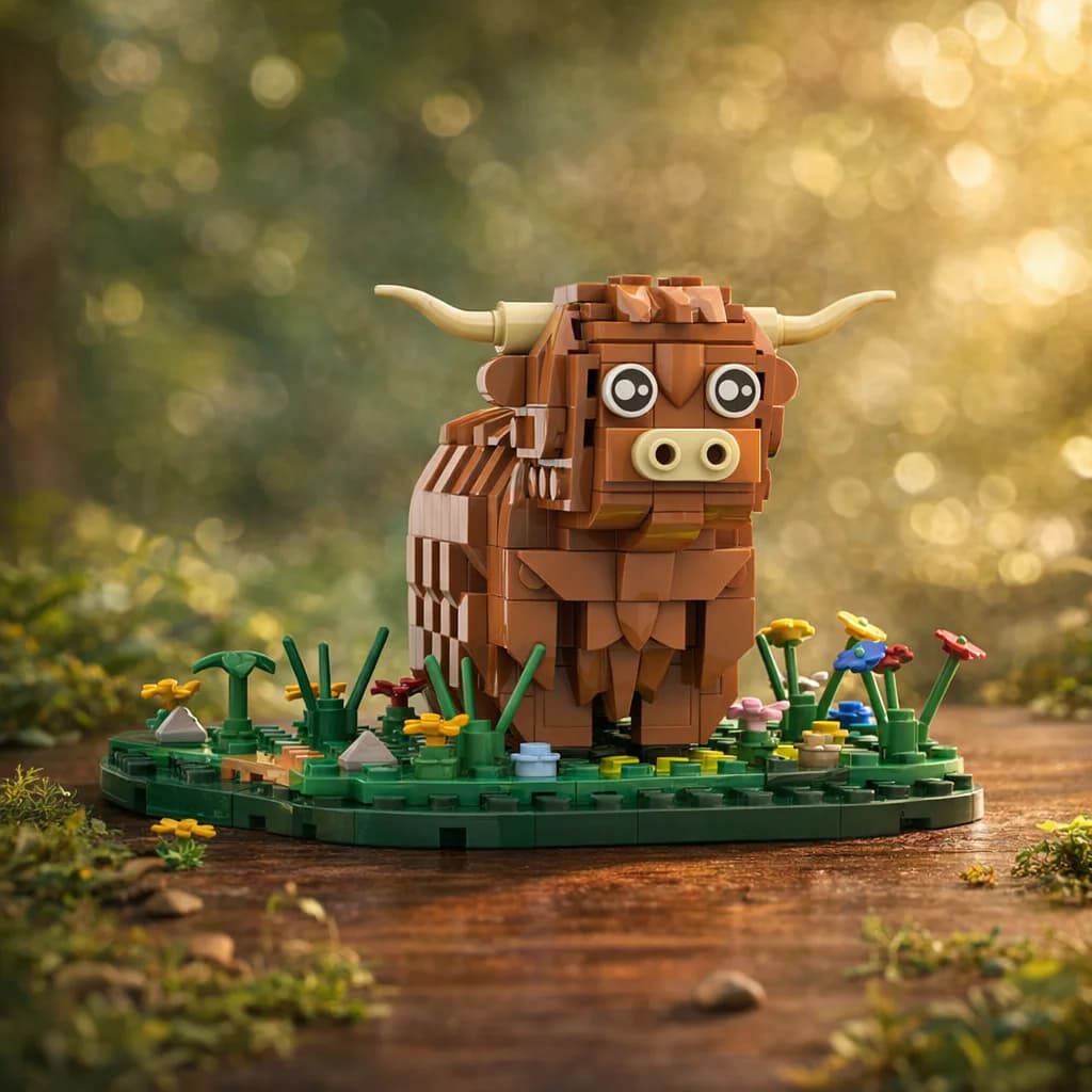 Set di Blocchi da Costruzione MOC Mucca delle Highland, Modello Animale Fai-da-Te, Giocattolo per Bambini, Decorazione da Scrivania, Regalo Creativo