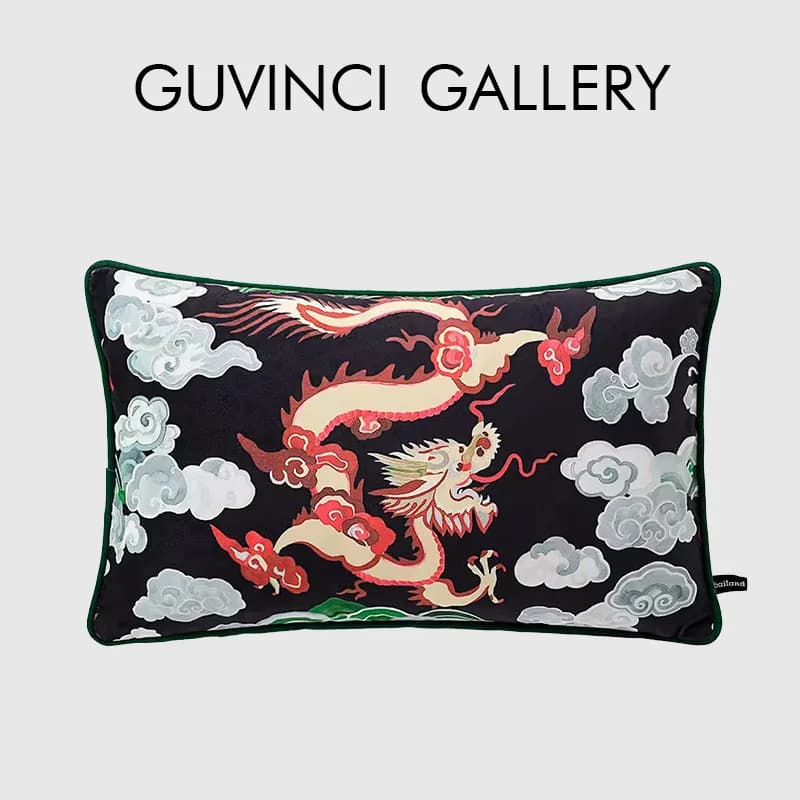 GUVINCI Federa per cuscino lombare in velluto decorativo con motivo drago fantastico in federa per mobili cineserie blu navy 30x50 cm