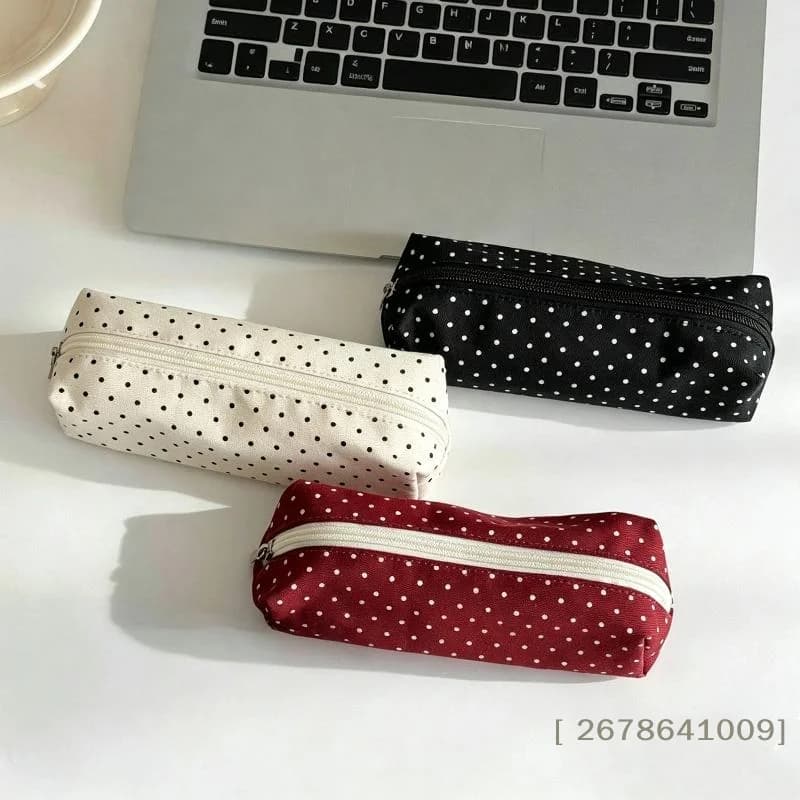 〔L〕Canvas Polka Dot Pencil Case Smooth Zipper Large Storage For School Students Office Use