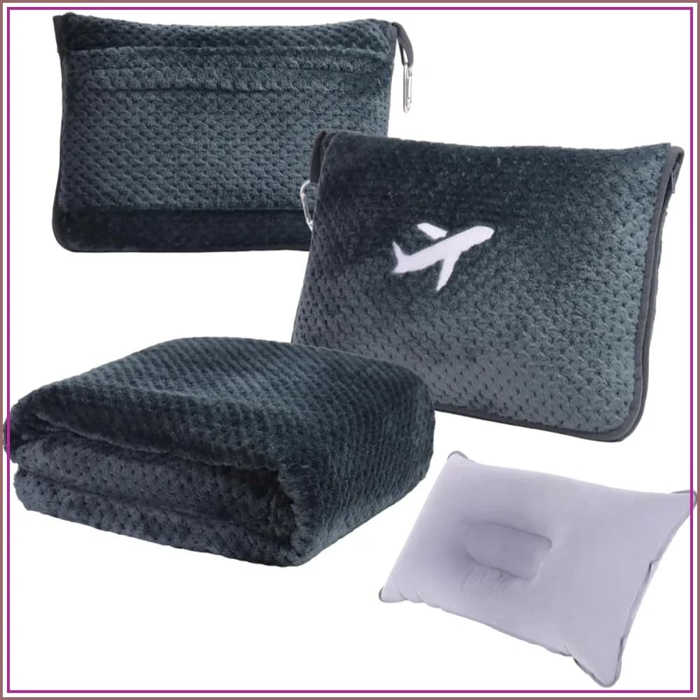 3-in-1 Travel Blanket Pillow Set - 350GSM Thick Fleece Blanket with Carry Bag & Inflatable Pillow for Airplane, Camping, Car Trip (Dark Grey)