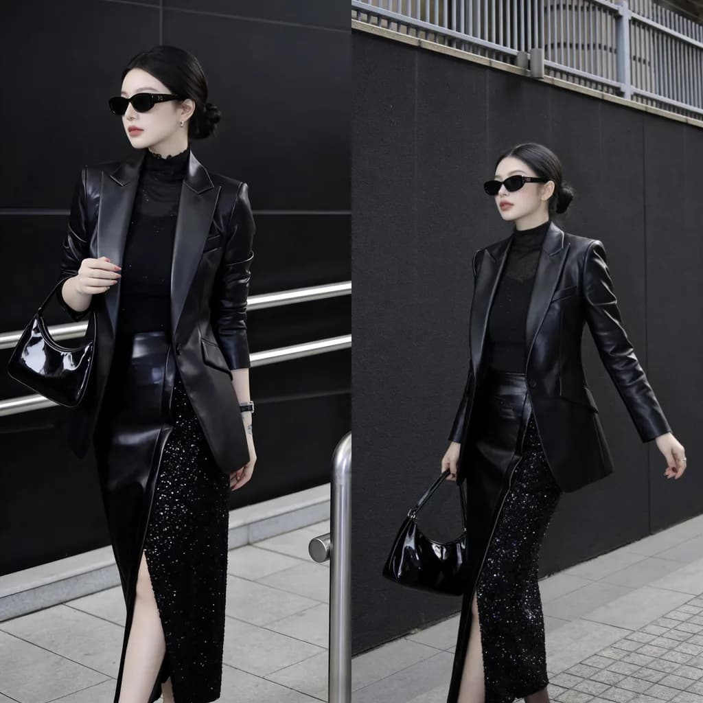 Slimming Effect Black Washed Leather Suit Jacket And Skirt Two Piece Set Elegant Ladylike High Waist Fashionable