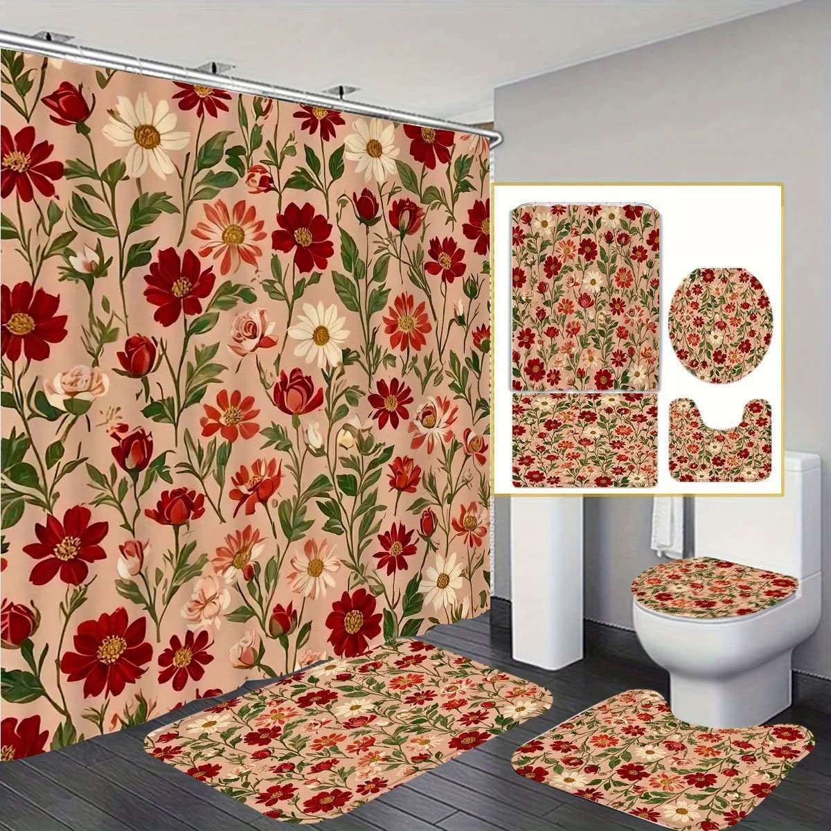 Set di tende da doccia in poliestere con stampa floreale vibrante con 12 ganci, tappetino da bagno antiscivolo e copriwater a forma di U - Macchina era
