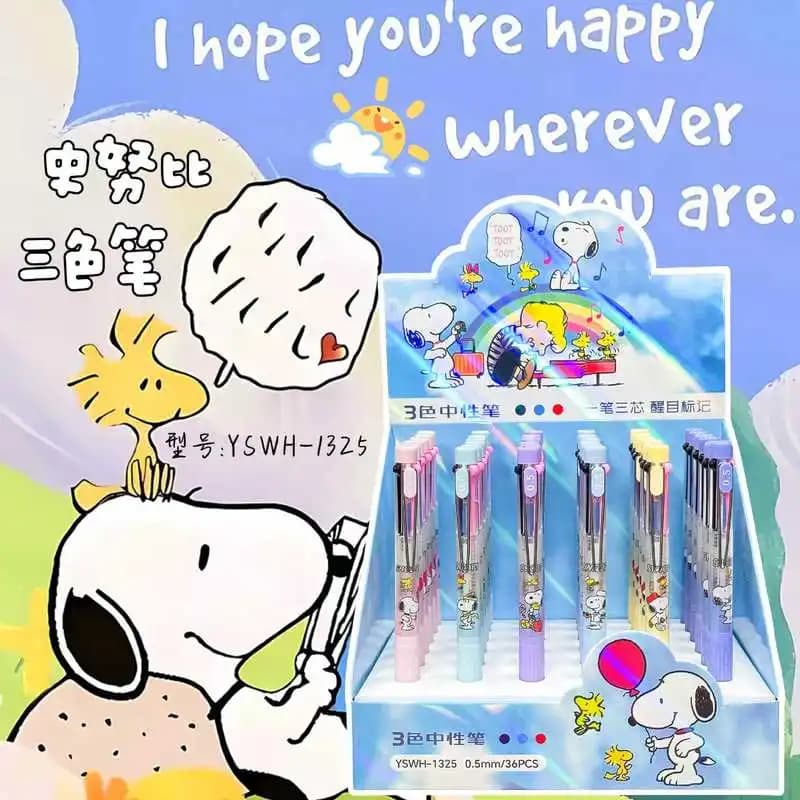 36pcs/Box Snoopy 3 Colors Retractable Gel Pen 0.5mm Black Blue Red Ink Cartoon Ballpoint Pen School Office Aesthetics Stationery