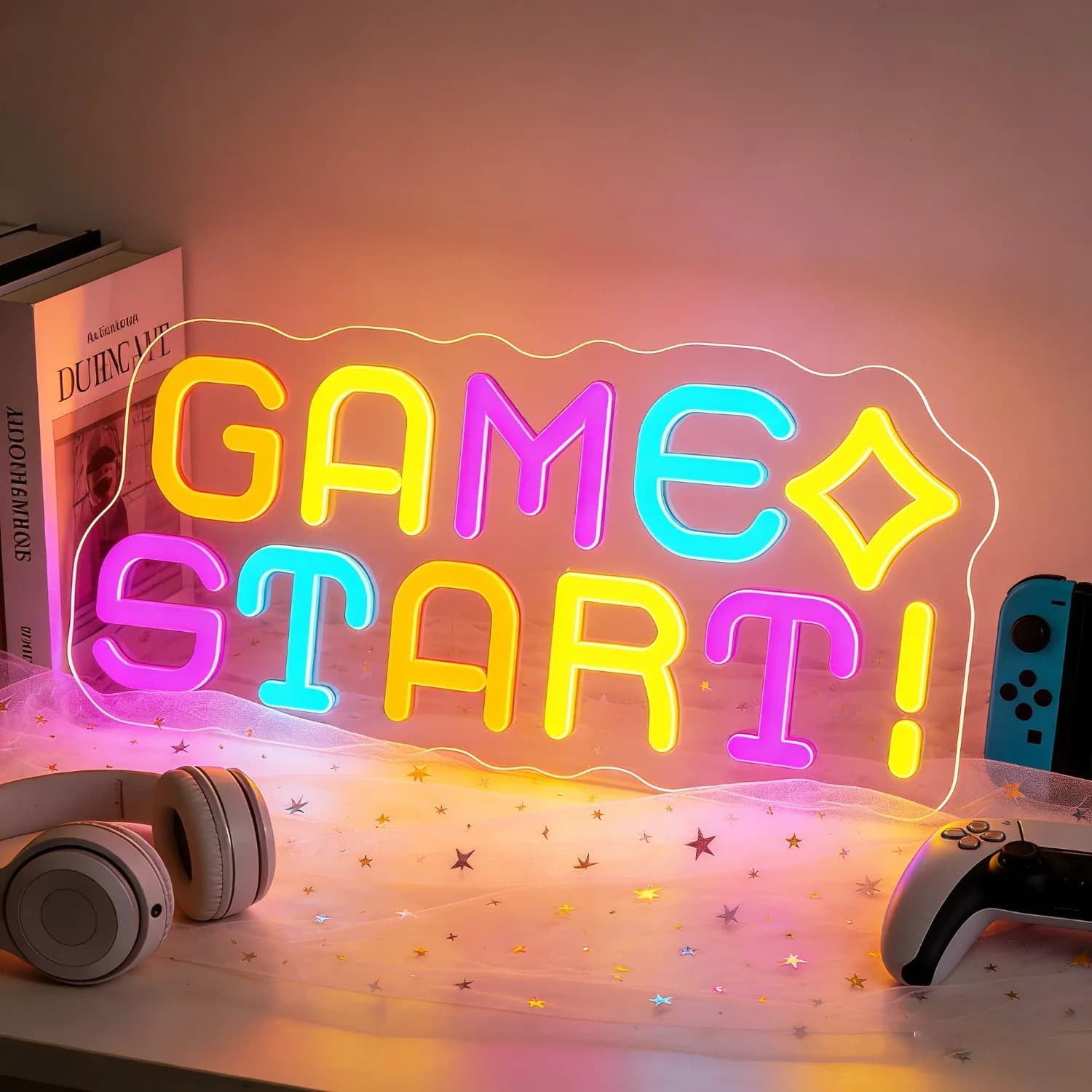 Insegna LED Neon 'Game Start' con Luce USB Dimmerabile e Colorata, Decorazione per Sala Giochi, Stanza Gamer, PC, Man Cave, Sfondo per Streaming