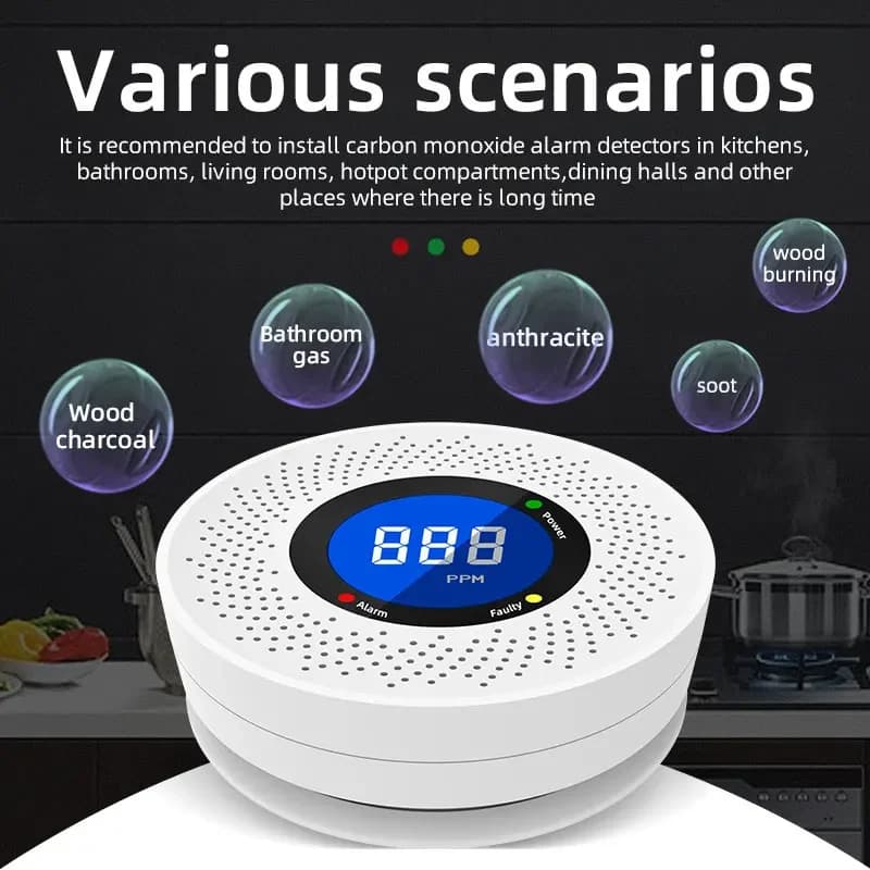 Security Protection Carbon Monoxide Detector CO Monitor Poisoning Alarm LCD Digital Display Home Indoor Real-Time Control