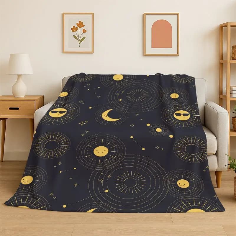 Cartoon Sun Moon Tarot Divination Magic Flannel Blanket Soft Throw Blanket for Bedroom Living Room Bed Travel Camping Picnic Nap