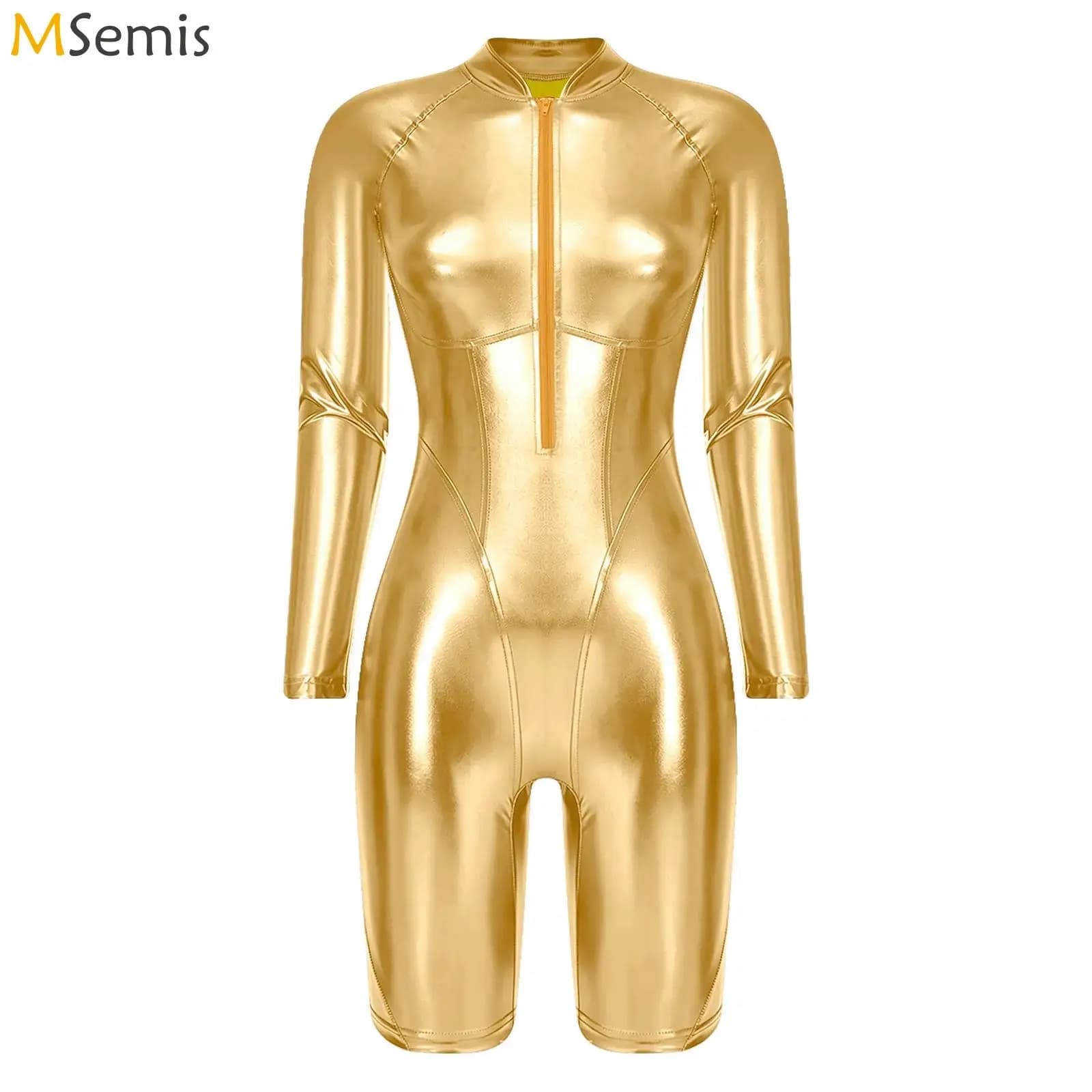 Body intero da donna a maniche lunghe e pantaloncini, tuta attillata da ginnastica, metallizzata lucida, per discoteca, costume da bagno intero