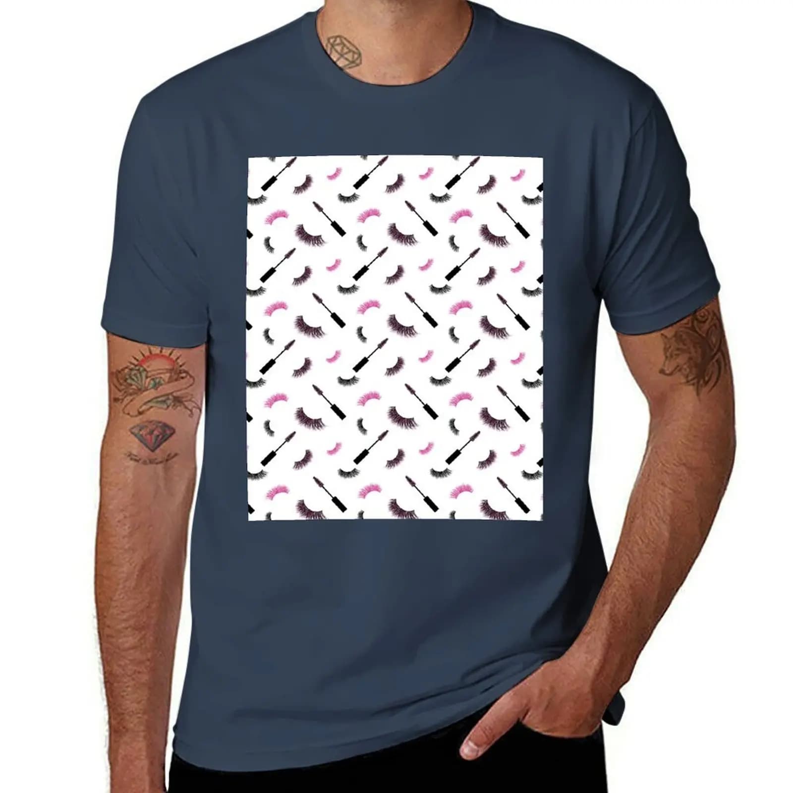 T-shirt con motivo ciglia e mascara con glitter rosa, maglietta basic casual in cotone a maniche corte