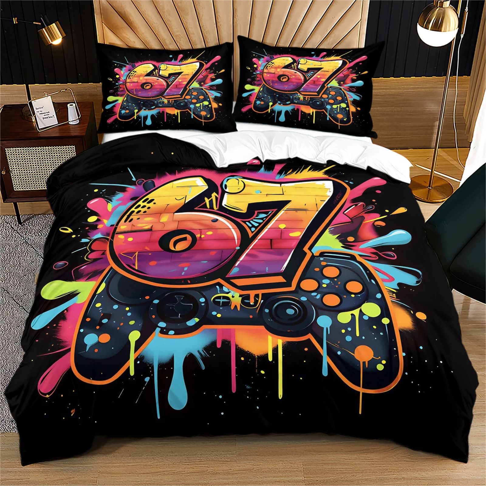 Black Background Street Graffiti Number 67 Game Controller 2/3Pcs Duvet Cover Set Colorful Drip Paint Esports Bedding Set