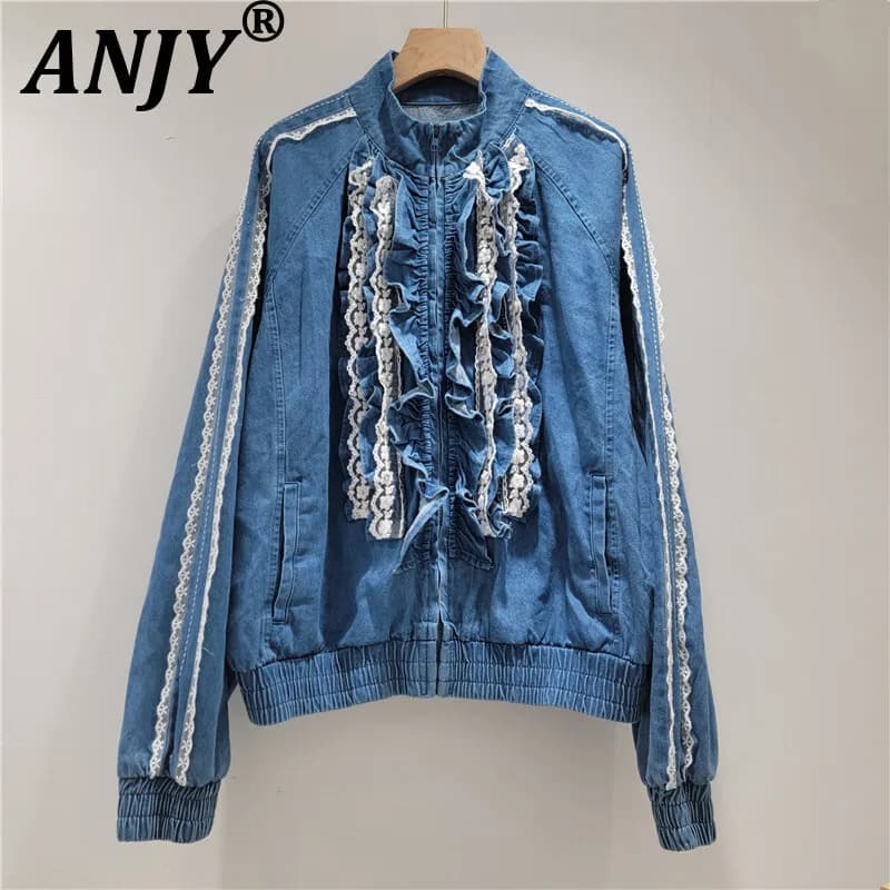 ANJY Autumn New Women Stand Collar Color Block Trend Multi-layer Ruffle Zipper Denim Jacket Versatile Streetwear Ins Coat A11106