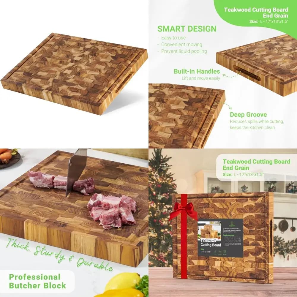 Wide-grain teak wood cutting board - Reversible, deep groove for juices, eco-friendly kitchen butcher block, suitable for knives