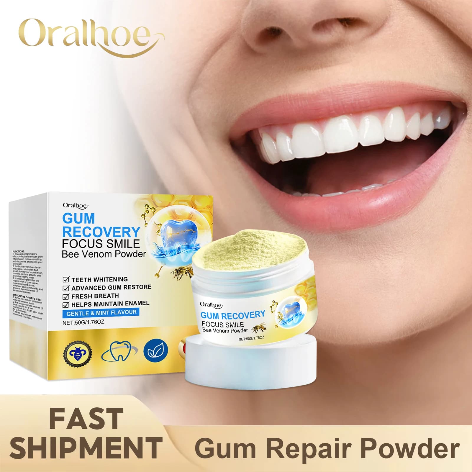 Repair of Bee Poison Powder Allevia la recession gum Gonfiore Placca Removal of caries Reduce oral smell Powder for teeth cleaning