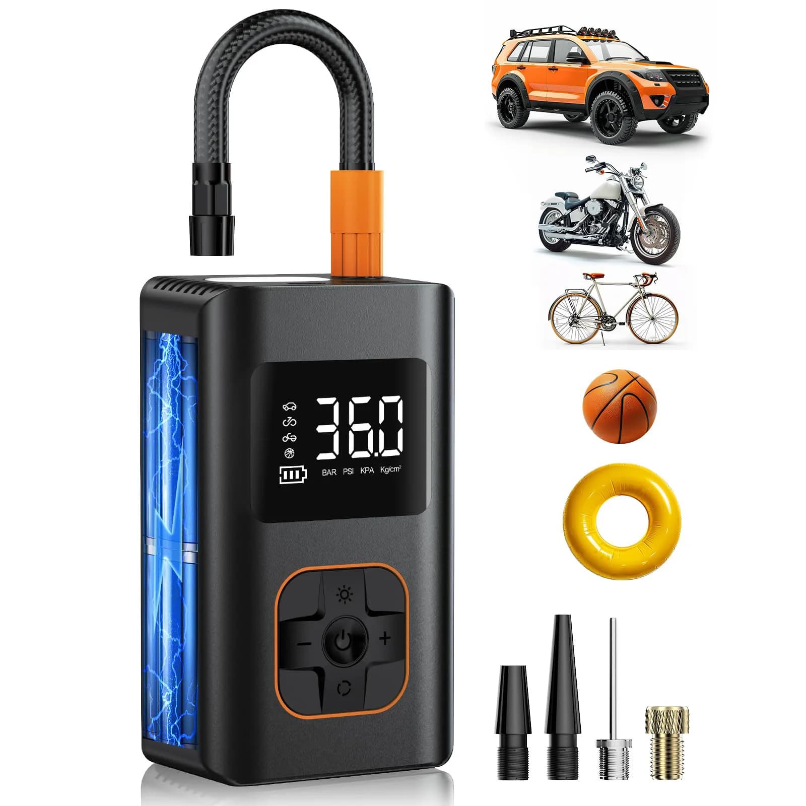 Compressore d'aria portatile per gonfiaggio pneumatici, pompa d'aria senza fili da 8000 mAh per pneumatici per auto, pompa per pneumatici per bici elettrica da 150 PSI con luce a LED