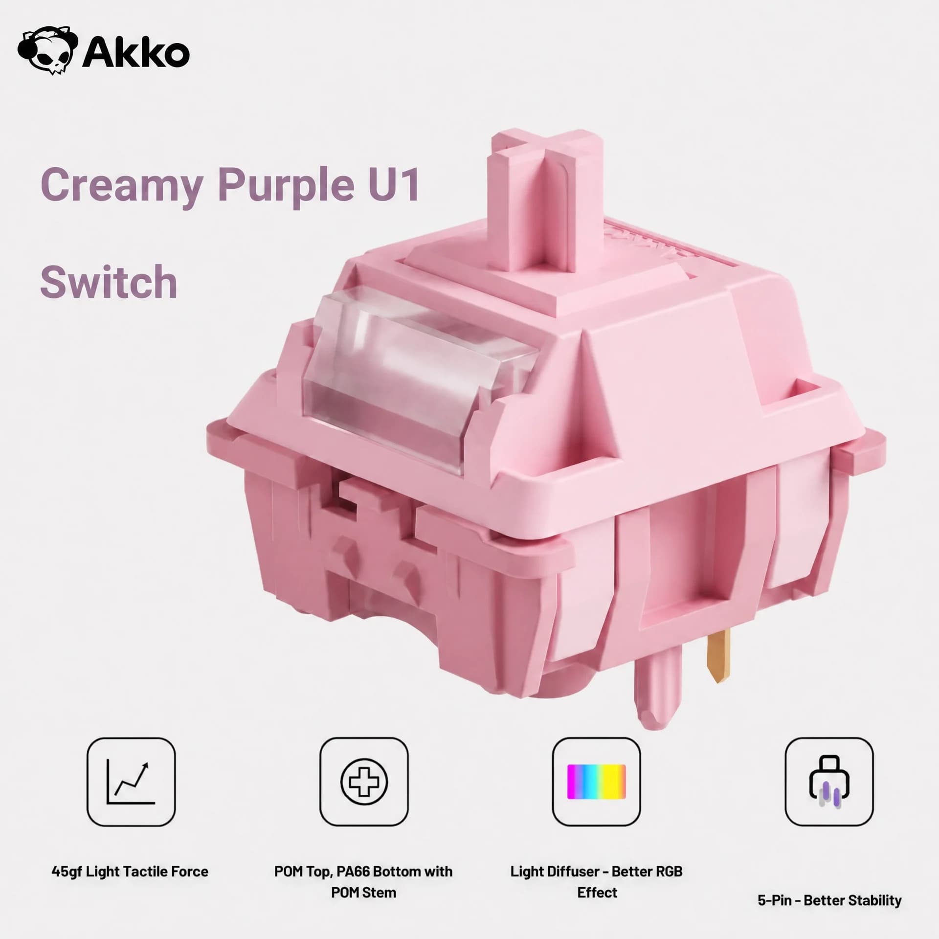 Akko Creamy Purple Tactile U1 Switch 5 Pins 45gf±8gf Factory Lubed POM Top MX Switches Mechanical Keyboard Accessories 45Pcs