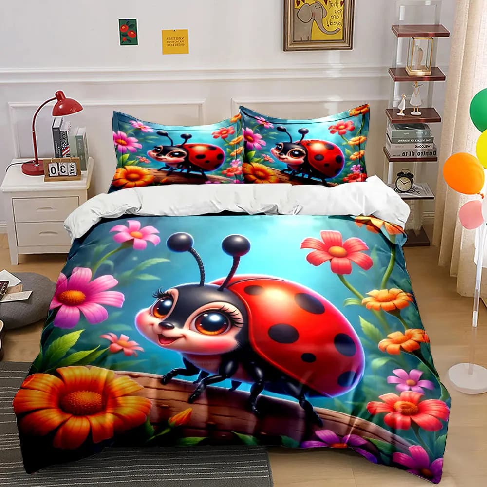 Set copripiumino con motivo coccinella carina e fiori vivaci, stampa digitale, biancheria da letto colorata in poliestere con chiusura a cerniera, ideale come regalo.