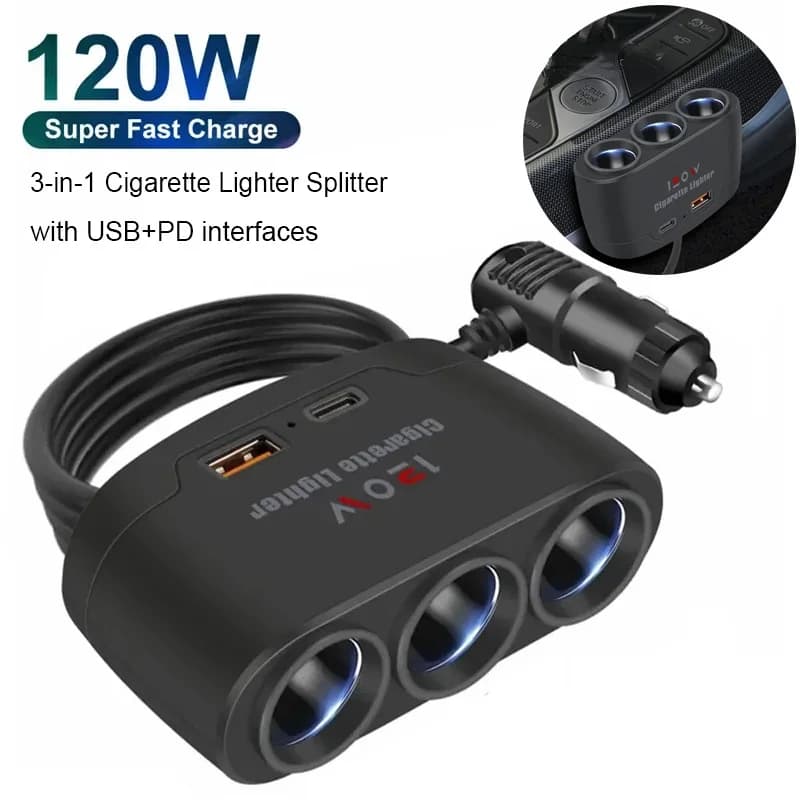 Adapter for Auto 3-in-1 with Dual USB 120W, 12V/24V Fast Charger for DVR, GPS and Driving Recorder