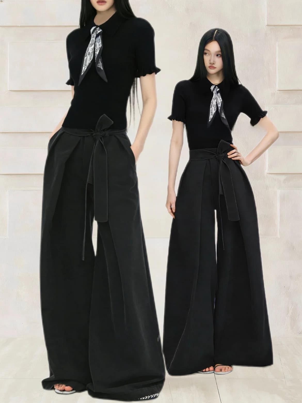 Elegant Slimming Straight Leg Pants Set with Silk Scarf Decorative Belt Design Summer Fashion Women's Two-Piece Outfit