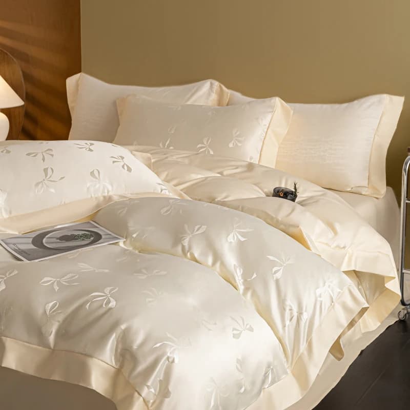 European Luxury Jacquard Ice Silk Duvet Cover Set Fashion Bow Pattern Queen King Bedding Set Skin Friendly Comforter Cover Set