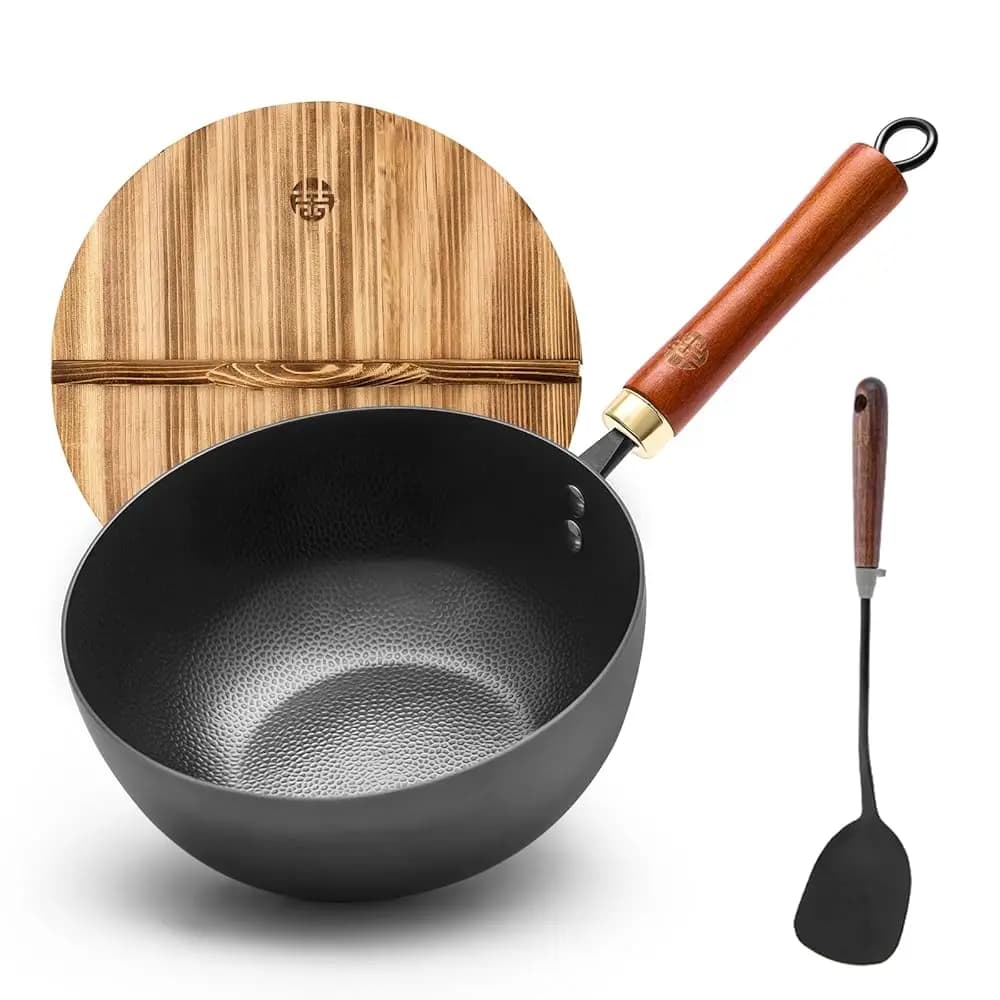 Wok in Acciaio al Carbonio con Coperchio, Mini Padella Wok da 8,7 Pollici, Fondo Piatto Rinforzato per Frittura Profonda, Campeggio e Pasti Singoli