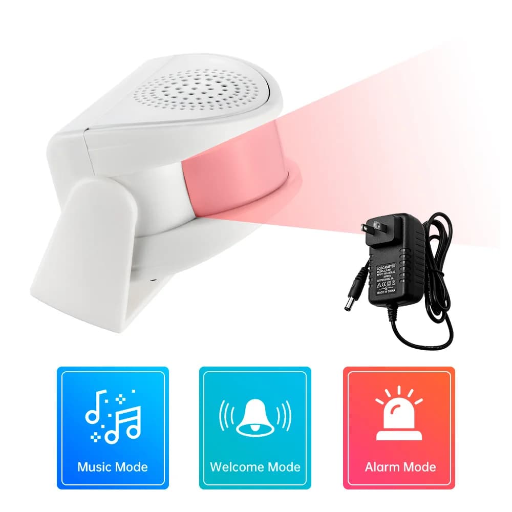 Campanello Wireless con Sensore di Movimento PIR, Suoneria di Benvenuto con Alimentatore, 32 Melodie, Allarme Antifurto per Ufficio/Casa