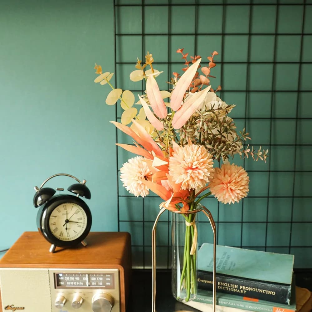 Bouquet di Denti di Leone Artificiali da 44cm con Peonie Bianche e Denti di Leone Rosa per Matrimoni, Soggiorno, Sala da Pranzo e Decorazioni da Giardino