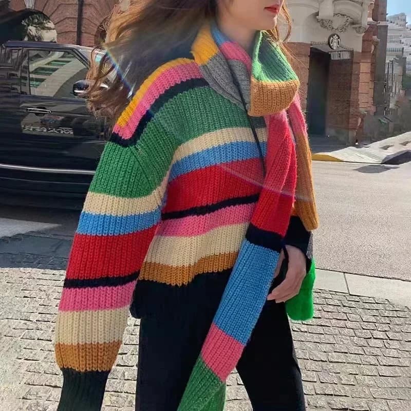 Maglione arcobaleno Autunno Inverno Donna 2025 con sciarpa Top in maglia a righe Maglioni larghi a maniche lunghe spesse Splice Y2k Pullover