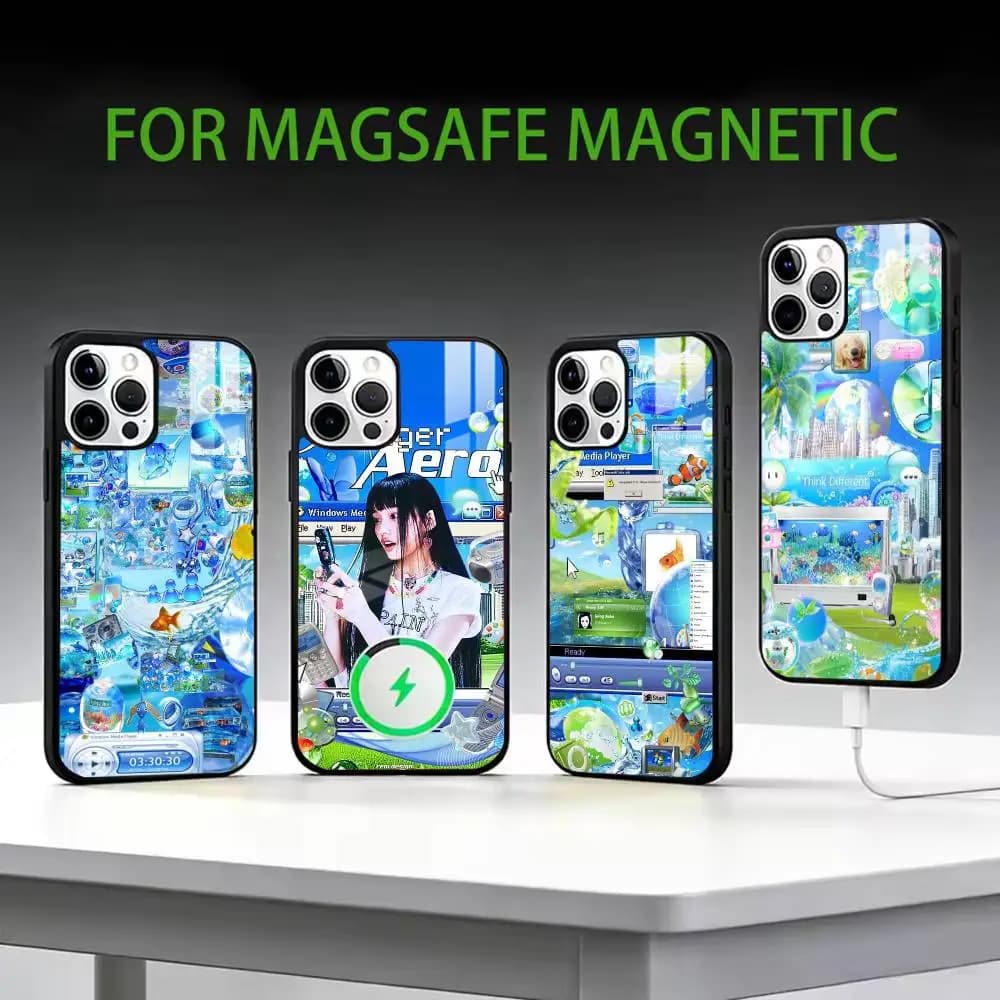 Custodia per telefono ART Frutiger Aero Aqua Nostalgia per iPhone 17, 16, 15, 14, 13, 12, 11 Plus, Pro Max, magnetica per ricarica wireless MagSafe